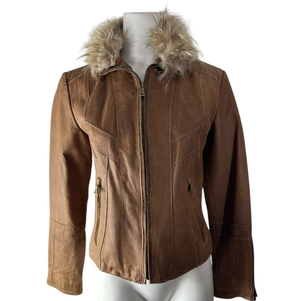 A.N.A Genuine Leather & Raccoon Fur Distressed Jacket Size Small